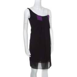Pre Owned Dior Black Colorblock Silk Draped Front Sleevless Dress M