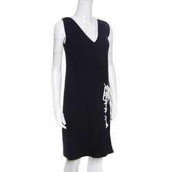 Pre Owned Dior Navy Blue Ribbed Wool Lace Tie Up Detail Sleeveless Dress L