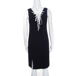 Pre Owned Dior Navy Blue Ribbed Wool Lace Tie Up Detail Sleeveless Dress L
