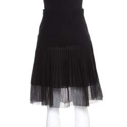 Dior Black Cotton Pleated Sheer Hem Detail Flared Midi Skirt M