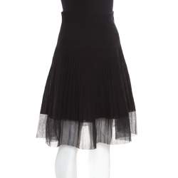 Dior Black Cotton Pleated Sheer Hem Detail Flared Midi Skirt M