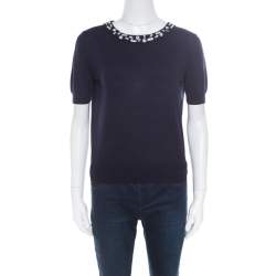 Pre Owned Christian Dior Navy Blue Cotton Silk Crystal Embellished Collar Sweater Top M