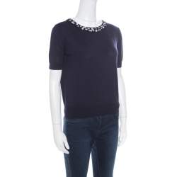 Pre Owned Christian Dior Navy Blue Cotton Silk Crystal Embellished Collar Sweater Top M