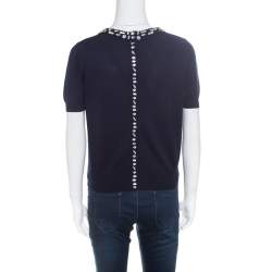 Pre Owned Christian Dior Navy Blue Cotton Silk Crystal Embellished Collar Sweater Top M