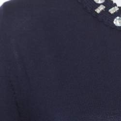 Pre Owned Christian Dior Navy Blue Cotton Silk Crystal Embellished Collar Sweater Top M