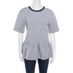 Dior Grey Knit Contrast Ribbed Neck Peplum Top S