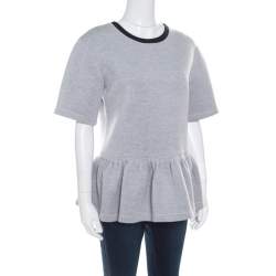 Dior Grey Knit Contrast Ribbed Neck Peplum Top S