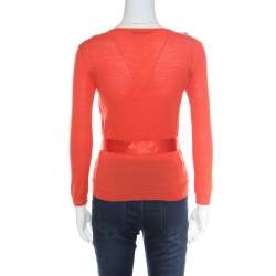 Pre Owned Dior Orange Wool and Silk Crochet Neck Detail Belted Sweater M