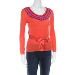 Dior Orange Wool and Silk Crochet Neck Detail Belted Sweater M