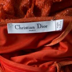 Pre Owned Dior Orange Perforated Lurex Knit Ruffled Sleeveless Dress L
