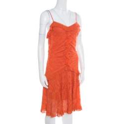 Pre Owned Dior Orange Perforated Lurex Knit Ruffled Sleeveless Dress L
