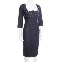 Pre Owned Dior Indigo Dark Wash Denim Bee Embellished Back Tie Detail Dress M
