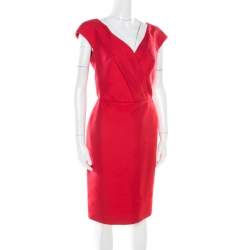 Christian Dior Rouge Red Cotton Silk Pleated Bodice Sleeveless Sheath Dress L