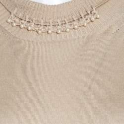 Christian Dior Beige Silk and Merino Blend High Collar Sleeveless Beaded Top L