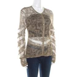 Dior Boutique Lace Olive Green Perforated Knit Lace Insert Buttoned Cardigan L