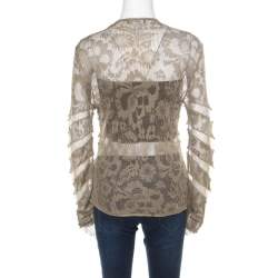 Dior Boutique Lace Olive Green Perforated Knit Lace Insert Buttoned Cardigan L