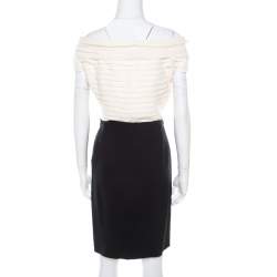 Pre Owned Christian Dior Bicolor Pleated Silk Bodice Off Shoulder Pencil Dress L