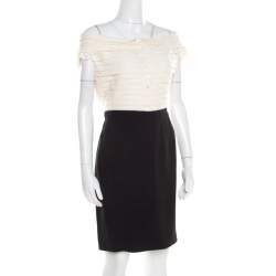 Pre Owned Christian Dior Bicolor Pleated Silk Bodice Off Shoulder Pencil Dress L