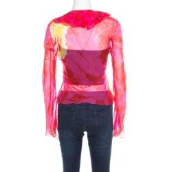 Christian Dior Pink and Yellow Printed Sheer Silk Wrap Top M