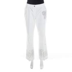 Dior White Cotton Paisley Sequin Embroidered Flared Jeans L