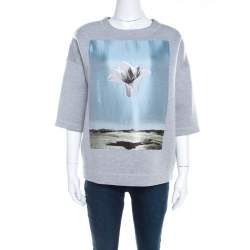 Pre Owned Dior Grey Neoprene Floral Embroidered Short Sleeve Oversized Jumper S 