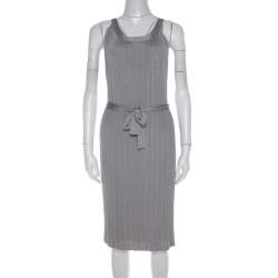 Dior Metallic Silver Lurex Knit Sleeveless Belted Dress M 