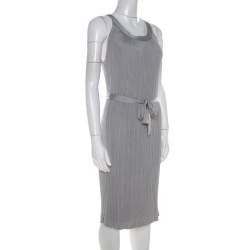 Dior Metallic Silver Lurex Knit Sleeveless Belted Dress M 