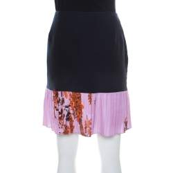 Dior Navy Blue and Lilac Floral Printed Silk Pleated Detail Mini Skirt M 