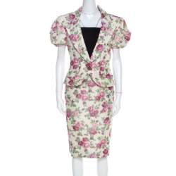 Christian Dior Beige Floral Print Silk Skirt Suit L