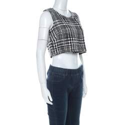 Pre Owned Dior Black & White Tweed Sleeveless Double Breasted Fold Over Crop Top S