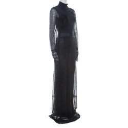 Dior Boutique Navy Blue Crochet and Lurex Knit Mandarin Collar Detail Maxi Dress M 