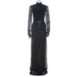 Dior Boutique Navy Blue Crochet and Lurex Knit Mandarin Collar Detail Maxi Dress M 