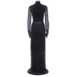 Dior Boutique Navy Blue Crochet and Lurex Knit Mandarin Collar Detail Maxi Dress M 