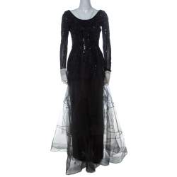 Pre Owned Dior Vintage Black Embellished Tulle Contrast Cuff Detail Scoop Back Gown M