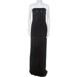 Dior Black Crepe Pleat Detail Embellished Strapless Gown M