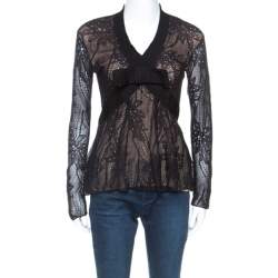 Pre Owned Christian Dior Black Lace Rib Trim Long Sleeve Top M
