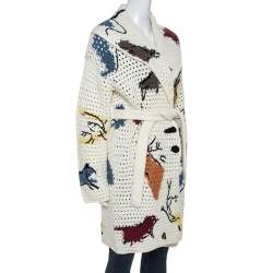 Pre Owned Christian Dior Off White Abstract Knit Chunky Belted Cardigan S 