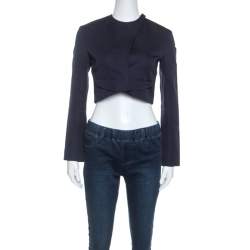 Dior Navy Blue Crepe Overlap Buttoned Cropped Blazer S