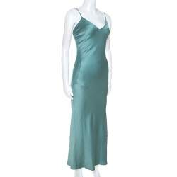 Pre Owned Christian Dior Teal Crepe Contrast Lace Insert Slip Dress L