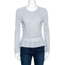 Pre Owned Dior Grey Pointelle Knit Ruched Detail Top M