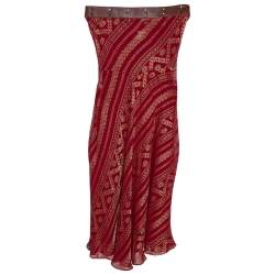Pre Owned Christian Dior Boutique Maroon Brocade Belted Strapless Dress S