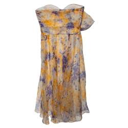 Dior Yellow Printed Silk Bow Detail Gathered Strapless Dress S