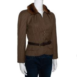 Dior Brown Houndstooth Wool Fur Trim Belted Jacket S