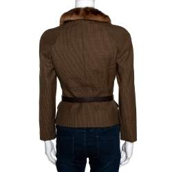 Dior Brown Houndstooth Wool Fur Trim Belted Jacket S