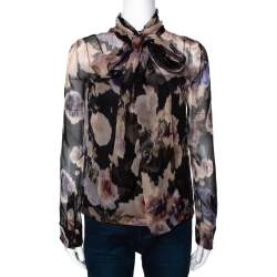 Dior Black & Peach Floral Print Silk Neck Tie Detail Blouse S