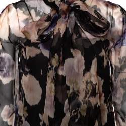 Dior Black & Peach Floral Print Silk Neck Tie Detail Blouse S