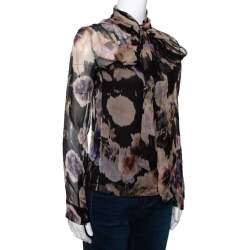 Dior Black & Peach Floral Print Silk Neck Tie Detail Blouse S