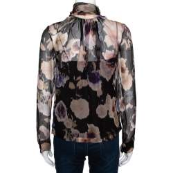 Dior Black & Peach Floral Print Silk Neck Tie Detail Blouse S