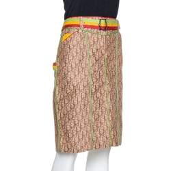 Dior Beige Diorissimo Jacquard Leather Trim Belted Skirt L