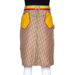 Dior Beige Diorissimo Jacquard Leather Trim Belted Skirt L